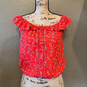 Sienna Sky Red Floral Elastic Ruched Waist Short Sleeve Blouse Top Sz SM